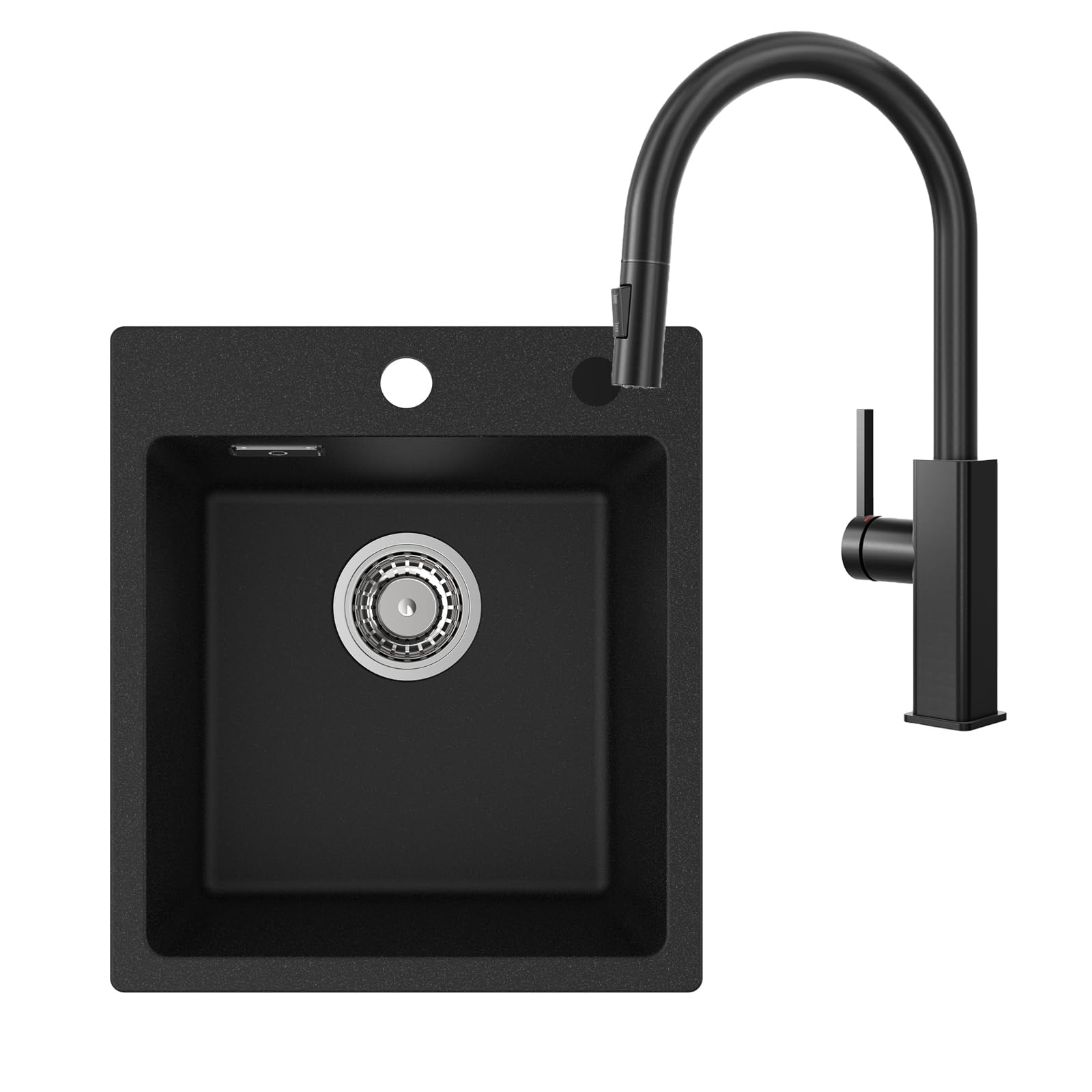 CECIPA Fregadero de granito negro 40 x 45 cm con grifo de cocina extensible de acero inoxidable, juego de fregadero de cocina rectangular, fregadero de cocina empotrable con grifo de fregadero negro