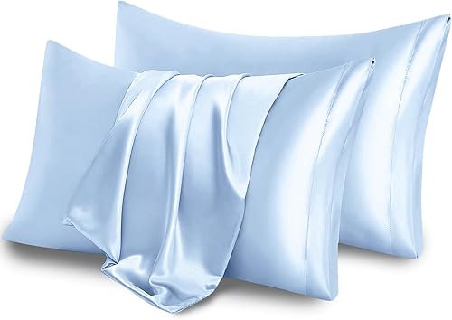 Miniatura 6 de Aormenzy Juego de 2 fundas de almohada de satén para mujer, tamaño Queen, fundas de almohada de satén azul bebé para cabello con cierre de sobre,