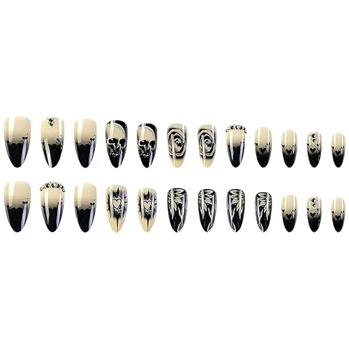 Miniatura 5 de 24 uñas postizas a presión de Halloween, uñas postizas de almendra, diseño de calavera y rosa, uñas postizas largas con diamantes de imitación