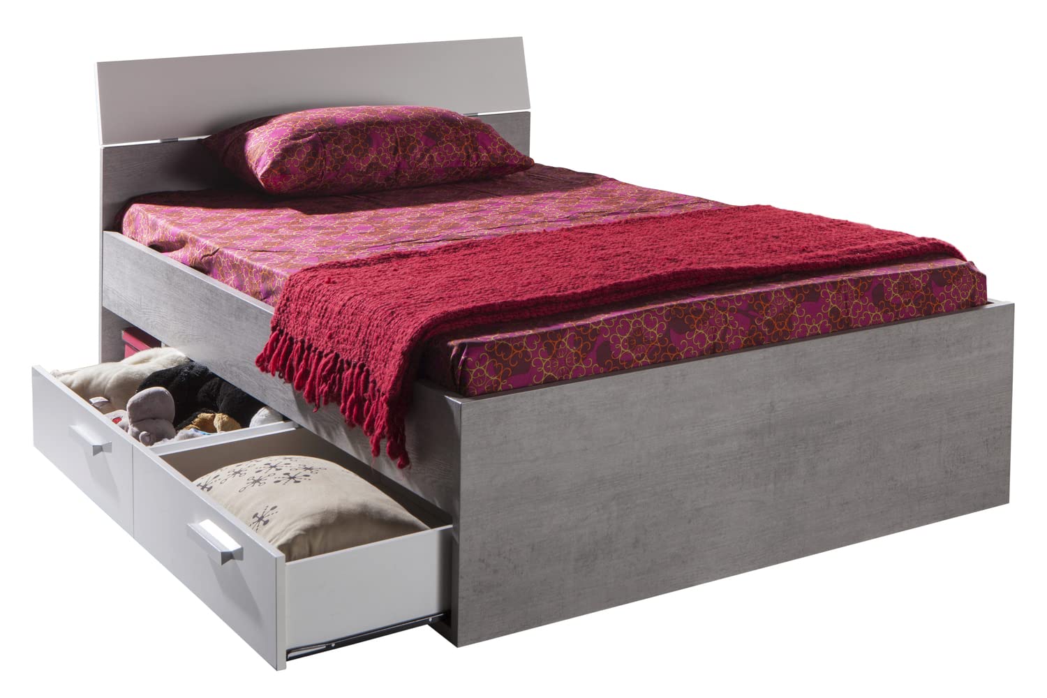 Composad | Letto Piazza e Mezzo con Cassettoni della Linea MIPIACE, Letto Moderno, (LxAxP) 126,40x87x211,80 cm, Colore Grigio Cemento e Bianco laccato, Made in Italy