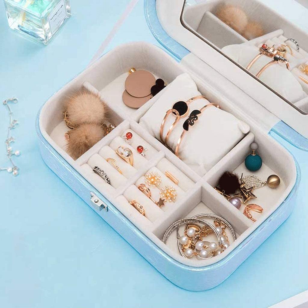 Nowoczesna Etui Na Biżuterię Podróżną Zmienny Kolor PU Leather Jewelry Organizer Pudełko Do Przechowywania Z Lustrem Girl Gift Box Ozdoba(A)