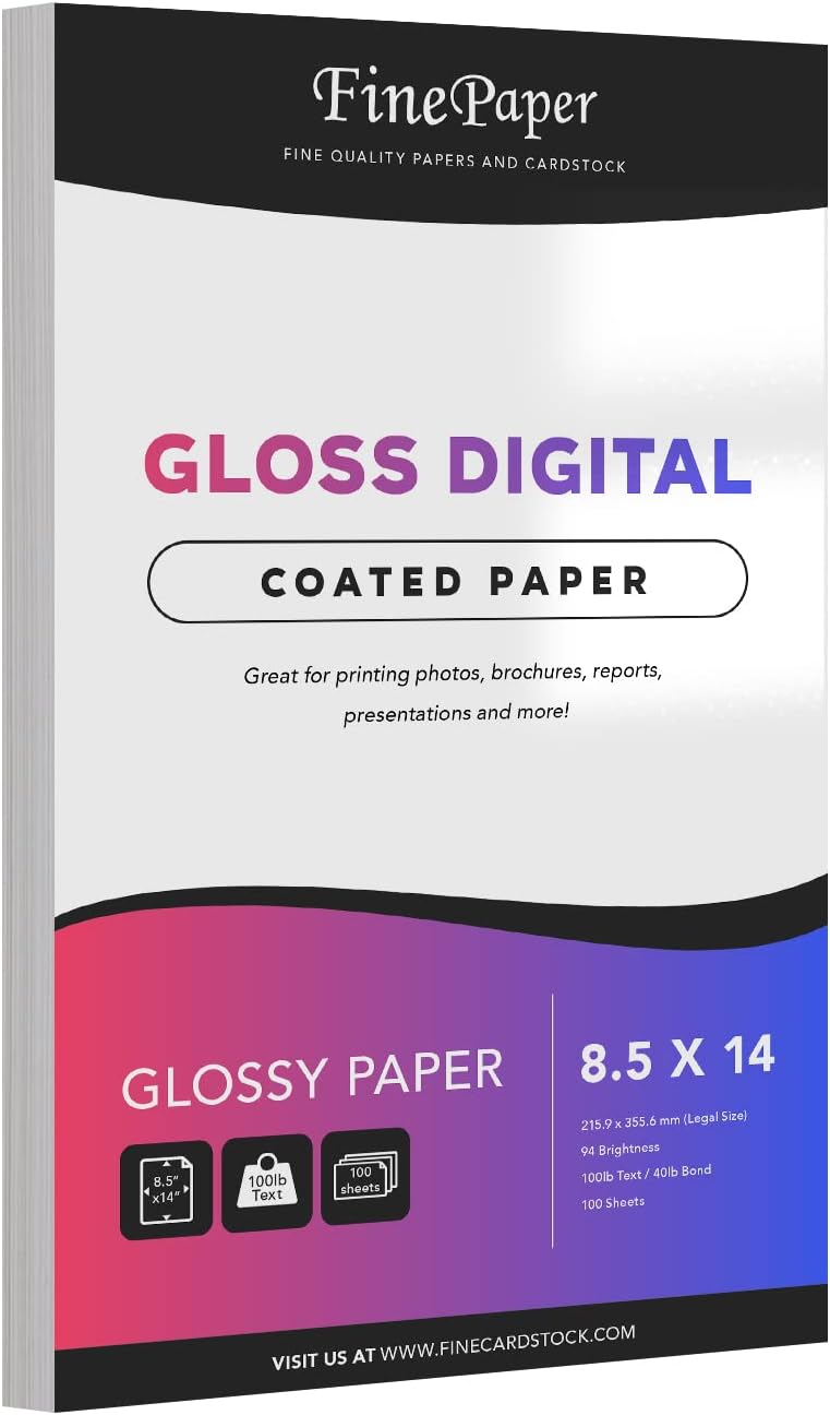 Gloss Digital Paper – Perfect for Color Laser Printing, Design Proposals, Flyers and Brochures | 8.5" x 14" | Glossy 100lb Text (40lb Bond) Paper | 94 Bright | Acid Free, Coated Finish | 100 Sheets