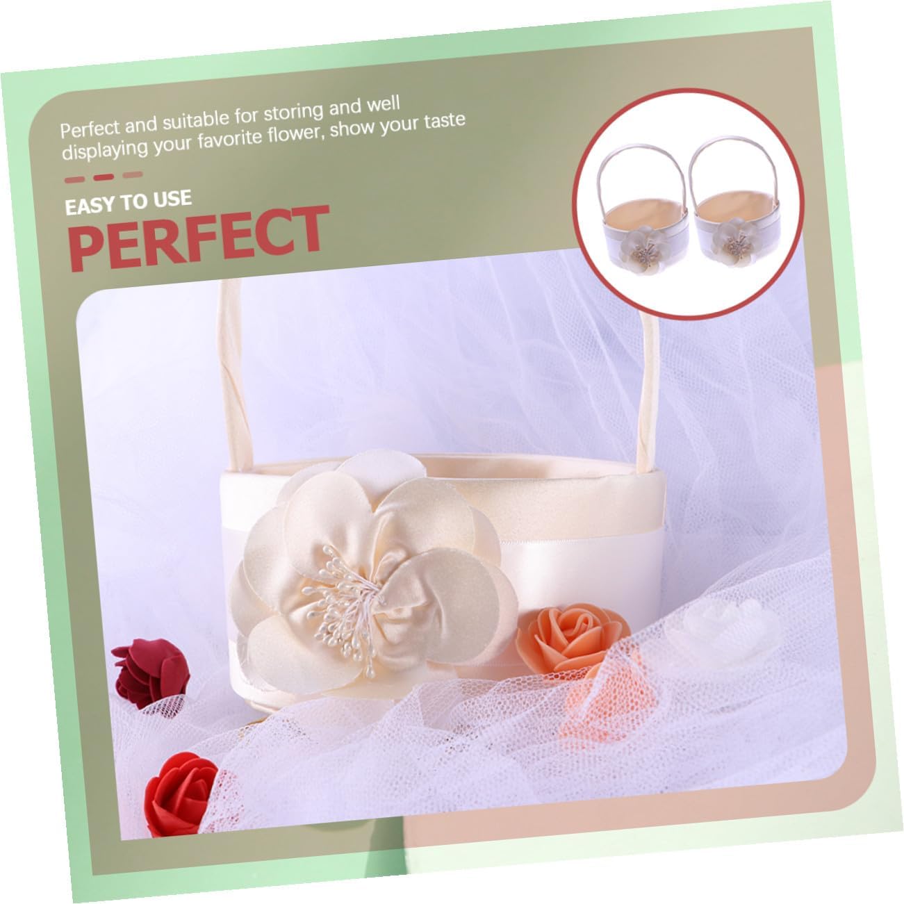 2pcs Light Gold Satin Flower Girl Wedding Basket with Handle, Floral Handheld Basket for Bride and Ceremony Supplies, Elegant Petal Holder for Wedding Decorations