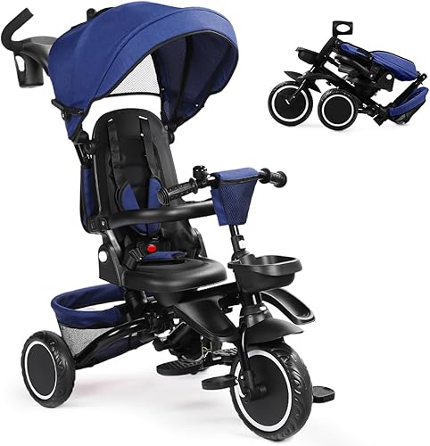 Miniatura 11 de Triciclo plegable para niños, 8 en 1, triciclo para bebé con toldo extraíble y ajustable, mango para padres, arnés de seguridad de 5 puntos,