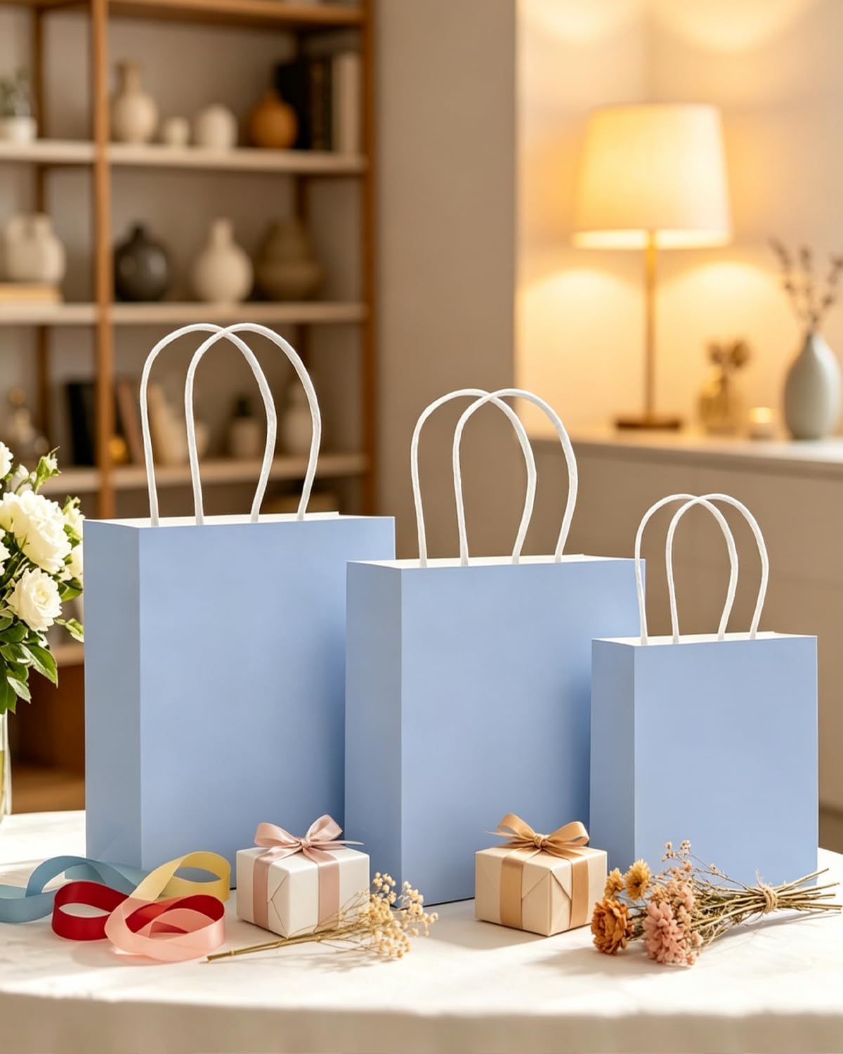 qiqee 100PCS Gift Bag with Handles Bulk Light Blue Paper Bags Assorted Sizes(33pcs Large 13",33pcs Medium 11",34pcs Small 8")