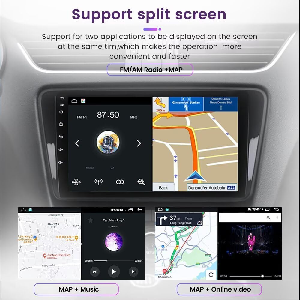 Car stereo display showing various split-screen configurations, such as FM radio with map, map with music, and map with online video.