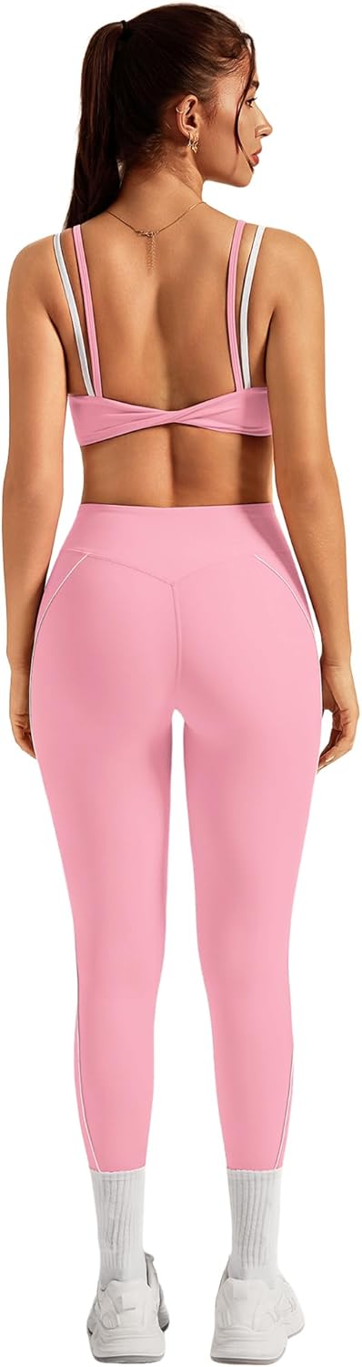 AGYMNX Women's Yoga Sets Compression Color Contrast Sports Bra and Knot Front Butt-lifting Leggings Active Jogger Outfits