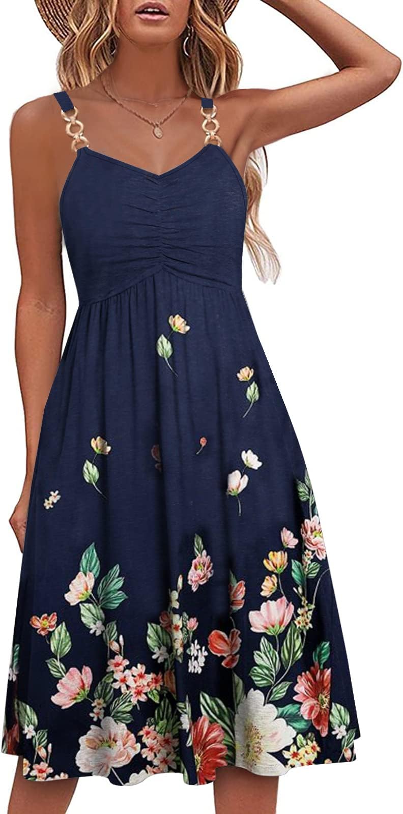 Summer Dresses for Women 2025 Floral Boho Sleeveless V Neck Spaghetti Strap A Line Casual Sundresses with Pockets