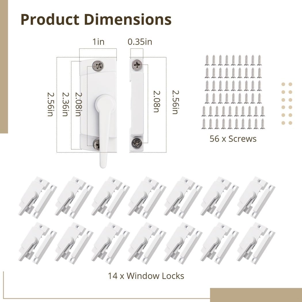 Generic Security Locks For Horizontal And Vertical Window, 14 Pcs Zinc Alloy Window Latches, Sliding Window Parts And Hardware, White Window Locks, Window Sash Locks With Screws