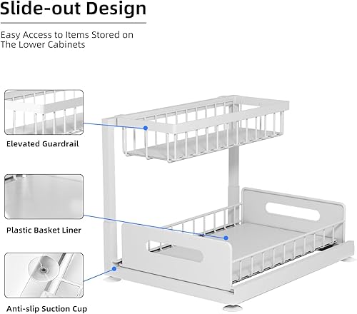 Miniatura 3 de Organizador deslizante de 2 niveles para debajo del fregadero, paquete de 2 estantes de almacenamiento extraíbles con cajón deslizante de