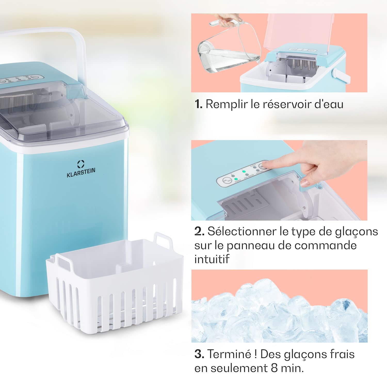 Klarstein Arctic Porter - Machine à glaçons 12kg / 24h, 2 tailles, temps de production 12kg de Glacons, réservoir d'eau de 2 l, écran LCD, minuterie, poignée, sans BPA