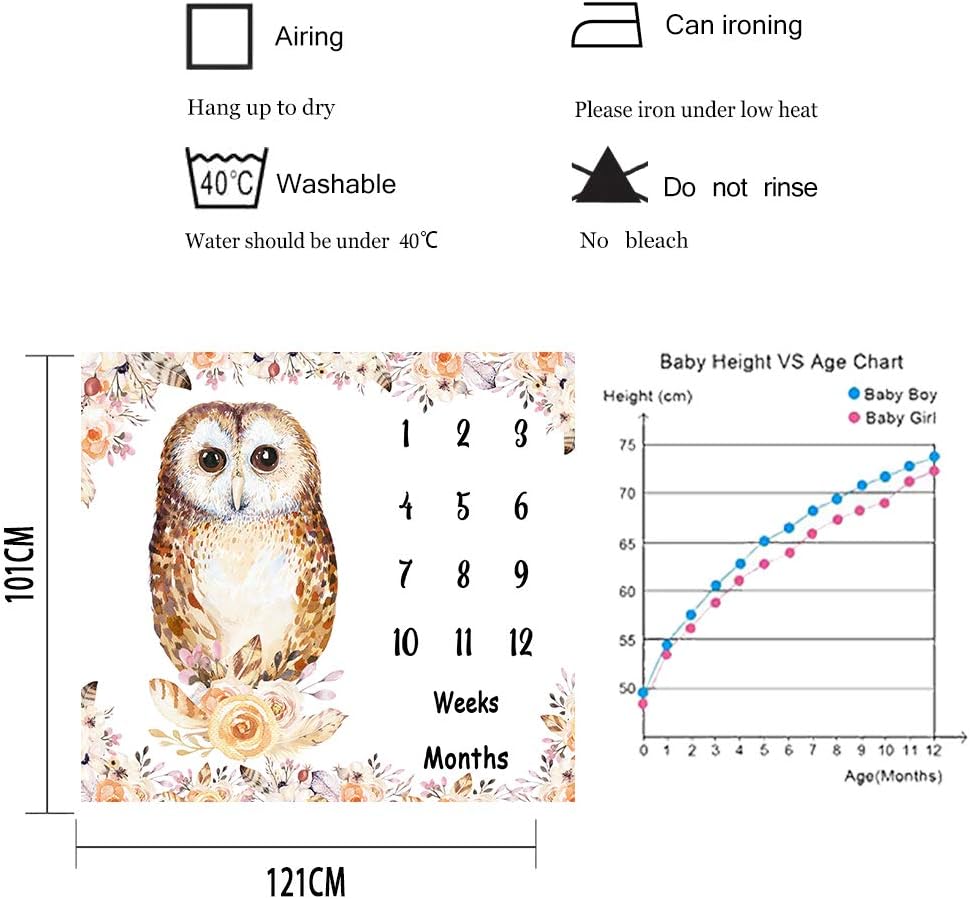 Owl Baby マンスリーマイルストーンブランケット、48x40インチ ソフトフランネル、フラワー水彩背景、新生児ママギフト、ベビ