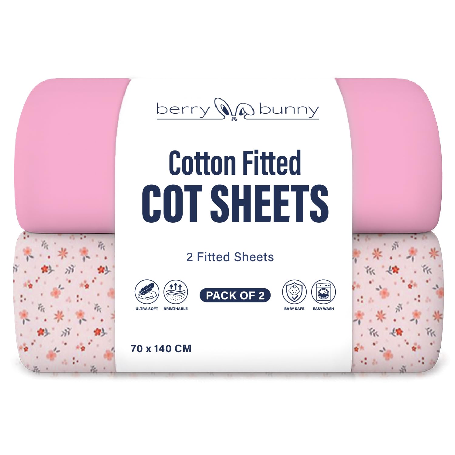 Berry & Bunny Pink, Flower Berry And Bunny 100% Cotton Cot Bed Sheets Pack Of 2, Soft Breathable Elasticated Baby Cot Fitted Sheets 140 X 70Cm, Deep Fit Mattress Protector Cover, Toddler Bedding All Seasons