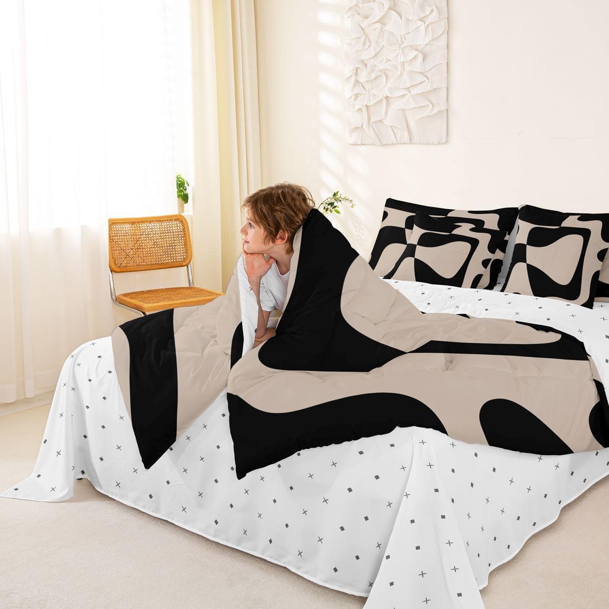 Feelyou Adults Black and Dark Tan Comforter Set Queen 7 Pieces Comforters ModernBedding Neutral Art Bed Set Bed in a Bag with Comforter, Sheets, Pillowcases & Cushion Covers