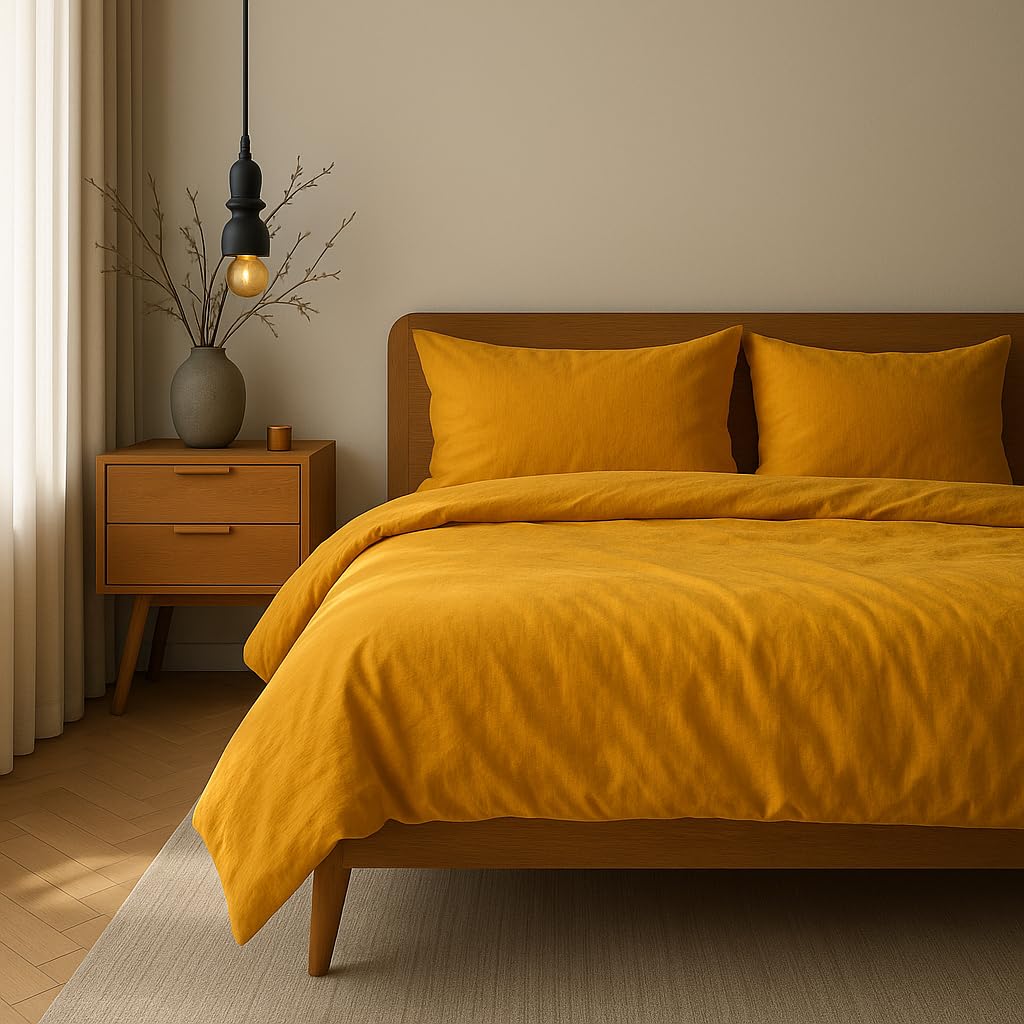 VelvetHome Komplet Pościeli 155x220cm 100% Bawełna Pościel 155x220 + Poszewka 80x80 cm Wysoka Jakość Pościel z zamkiem błyskawicznym Kolor Musztardy 155 x 220