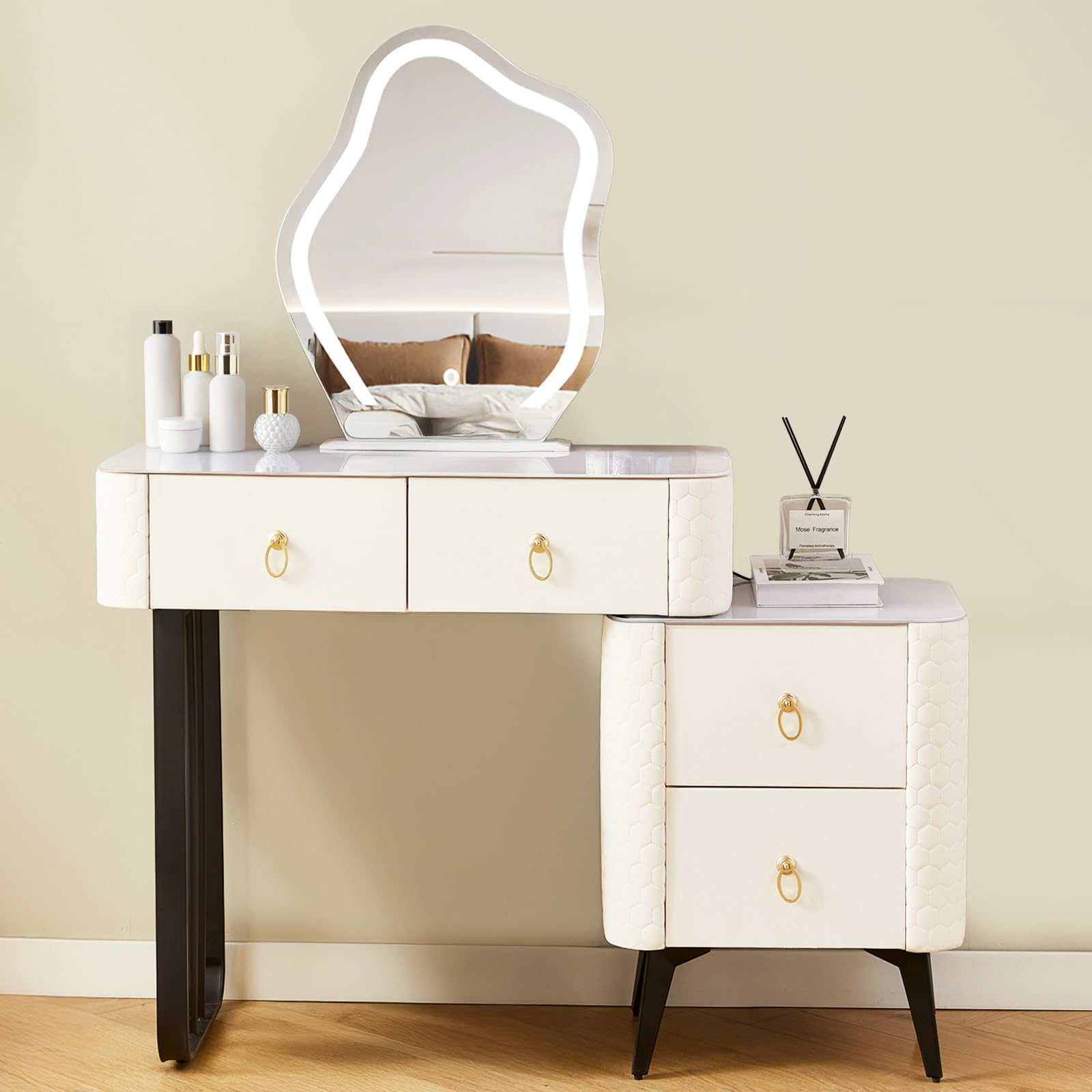 SHARPDO Coiffeuse avec Miroir LED, Caisson Aspect Simili Cuir & Plateau en Verre Trempé, Table de Maquillage avec 4 Tiroirs, Extensible 80 à 110 cm, Blanc, Compacte pour Chambre