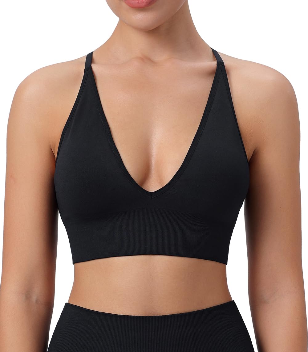 Womens Deep V-Neck Longline Sports Bra Strappy Criss Cross Padded Cups Adjustable Spaghetti Straps Workout Yoga Crop Top