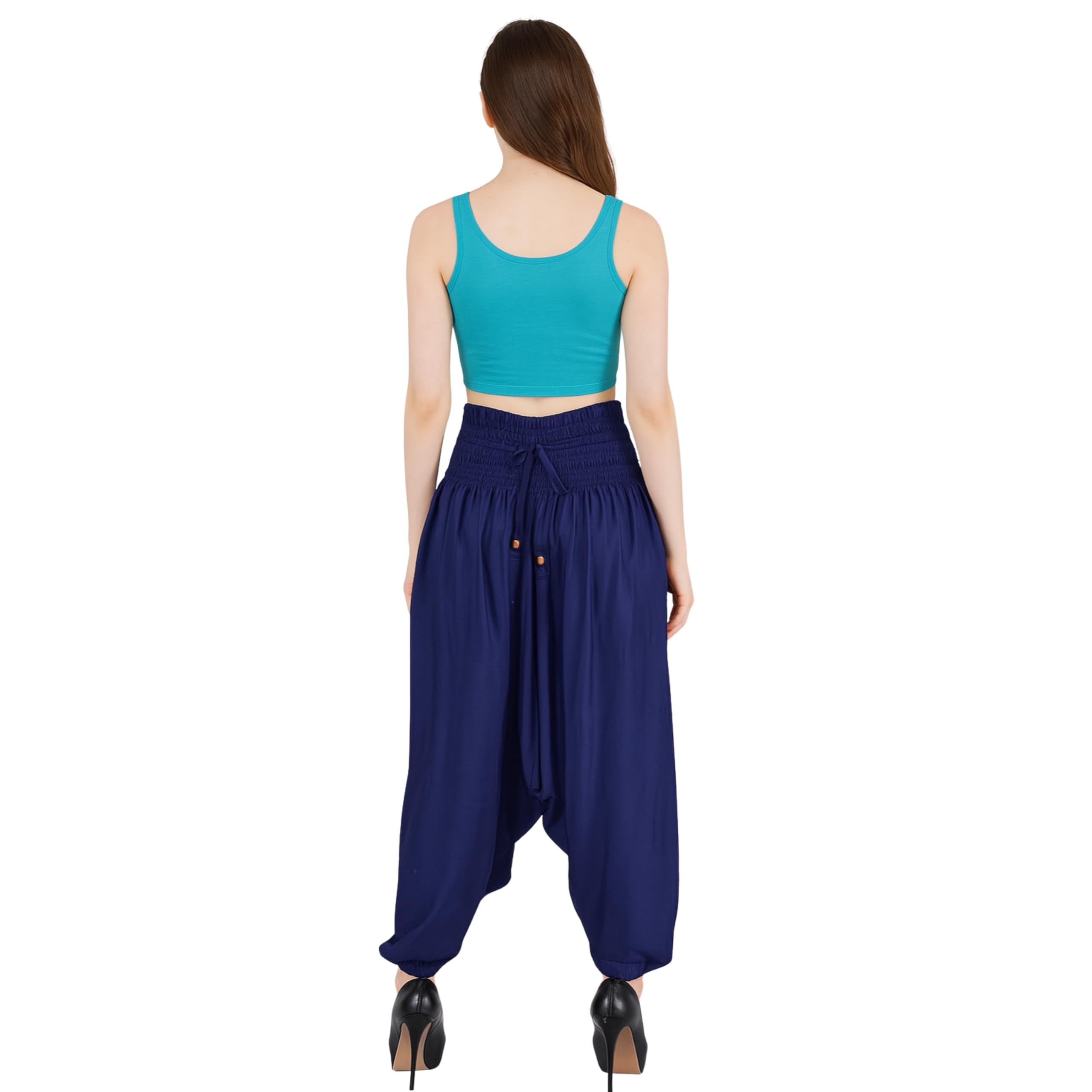LUJOSO Harem Pants for Women | Stylish Afghani Salwar | Women's Rayon Fabric Pants Loose Fit for Yoga & Dancing | Waist Size 22 to 42 Inches, Free Size (in, Alpha, L, Regular, Blue) 4