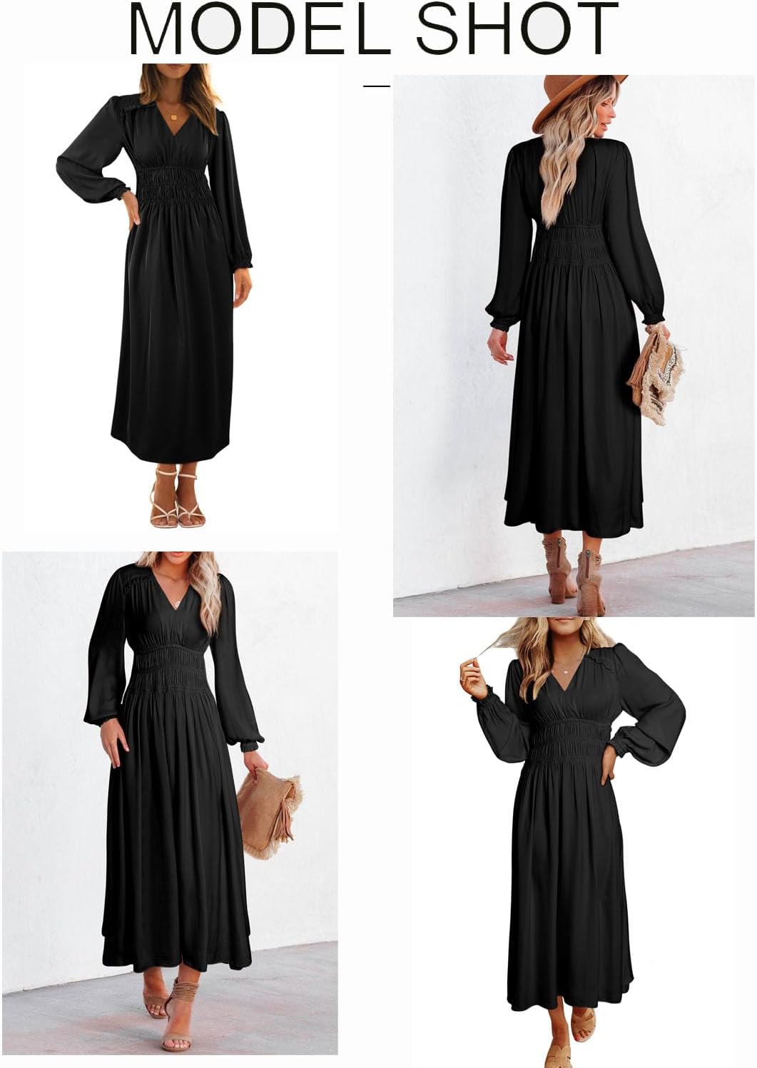 BLENCOT Womens Casual Long Sleeve Tiered V Neck Dress Pleat Ruched Ruffled Dress Solid Color Flowy Swing Midi Long Dresses - Image 3