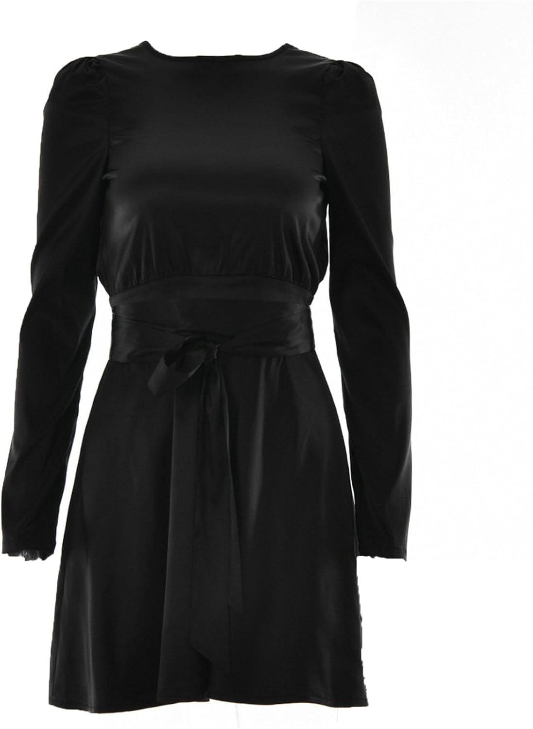 Women's 2024 Spring Satin Dress Long Sleeve Tie Waist Elegant Cocktail Mini Dresses Smocked Wiast Ruffle Swing Dress