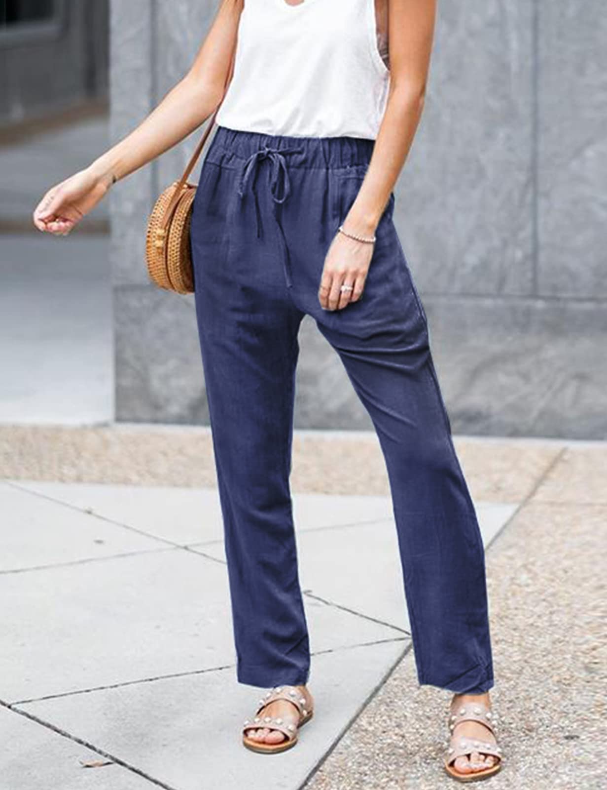 UMIPUBO Pantaloni Donna Estivi Casual Cotone e Lino Lunghi Larghi con Gamba Dritta Elastica con Coulisse Elegante Tinta Unita Pants con Tasche per Ladies
