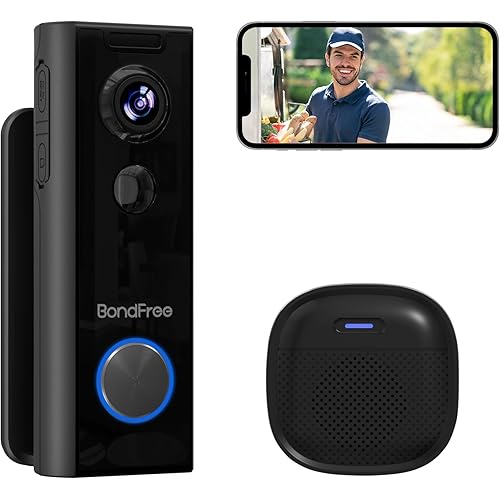 BondFree Doorbell Camera Wireless with Wireless Chime, Doorbell Mount, Video Doorbell HD, 2.4GWiFi, 2-Way Audio, Night Vision, Cloud SD Card Storage, Compatible with Alexa,Google Assistant, Black