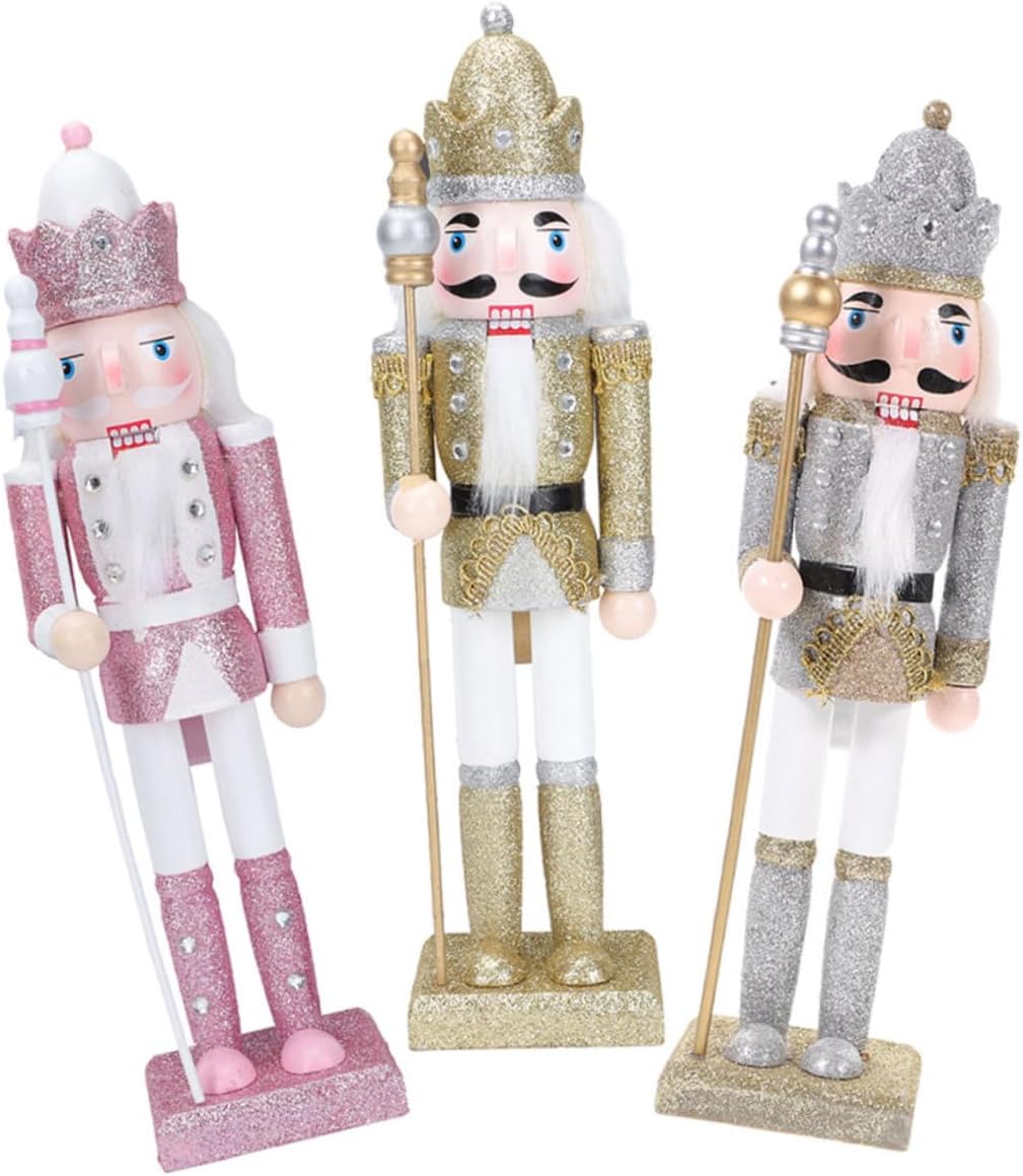 Uonlytech 3pcs Christmas Nutcracker Soldier Figurines Wood Craft Set Traditional Holiday Nutcracker Decoration Ornaments for Xmas Table and Shelf Display
