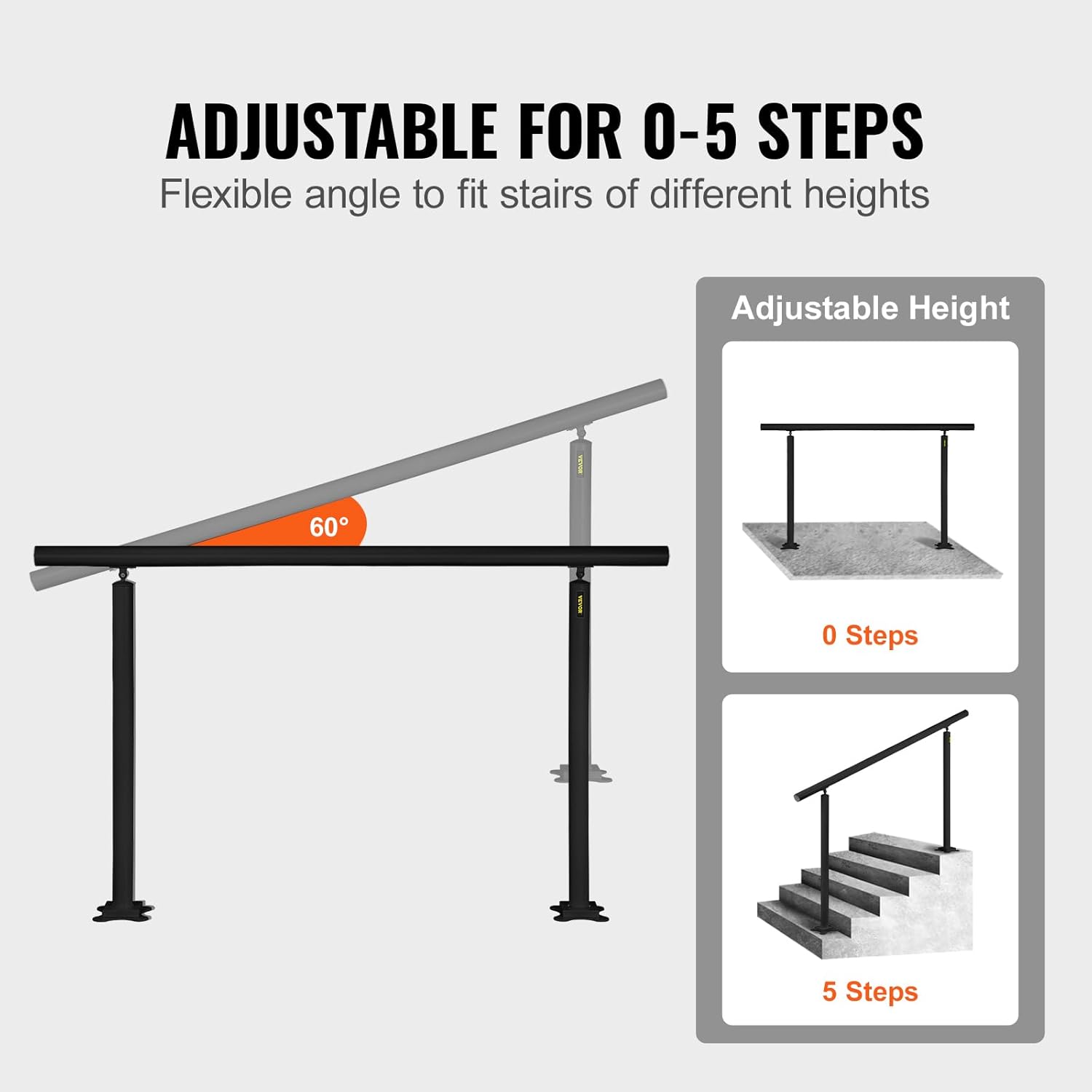 VEVOR Outdoor Stair Railing Kit, 5 FT Handrails 0-5 Steps, Adjustable Angle Black Aluminum Stair Hand Rail for The Elderly, Handrails for Indoor & Outdoor Steps