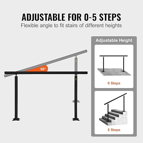 Miniatura 4 de VEVOR Kit de barandilla para escaleras al aire libre, pasamanos de 5 pies de 0 a 5 escalones, barandilla de aluminio negro de ángulo ajustable para