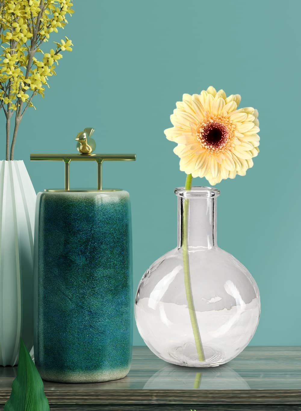 Serene Spaces Living Clear Bottleneck Bulb Glass Vase, Vintage Round Flower Vase for Console Table, Shelf, Living Room, Bathroom, Office, Wedding, Measures 5.3" Diameter & 7.48" Tall, Pack of 16