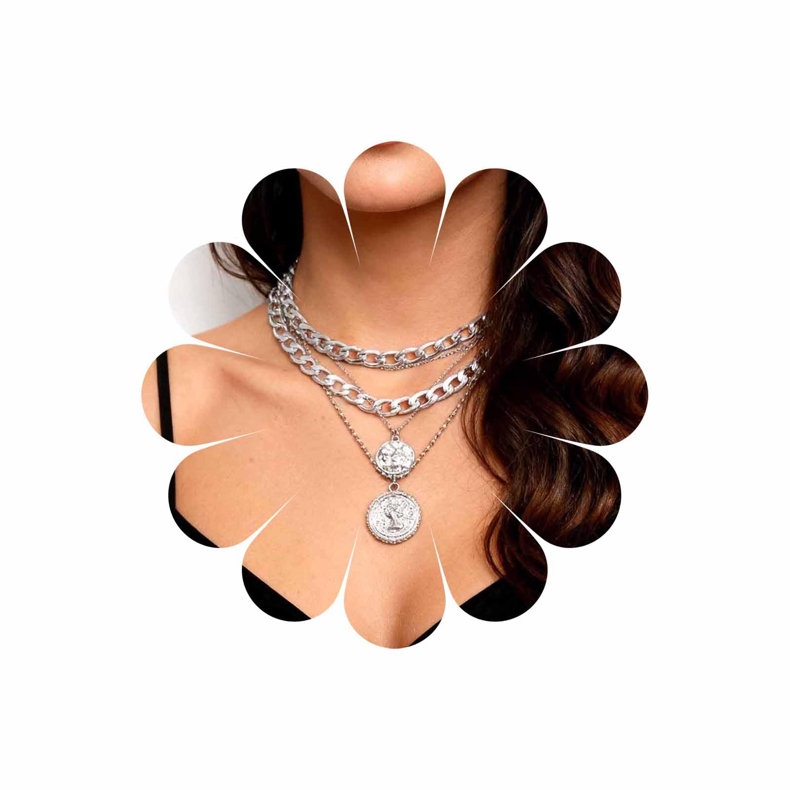 Punk Chunky Chain Necklace Exaggerated Layered Cuban Link Chain Necklace Multilayer Carved Coin Pendant Necklaces Thick Choker Jewelry for Women (Silver)