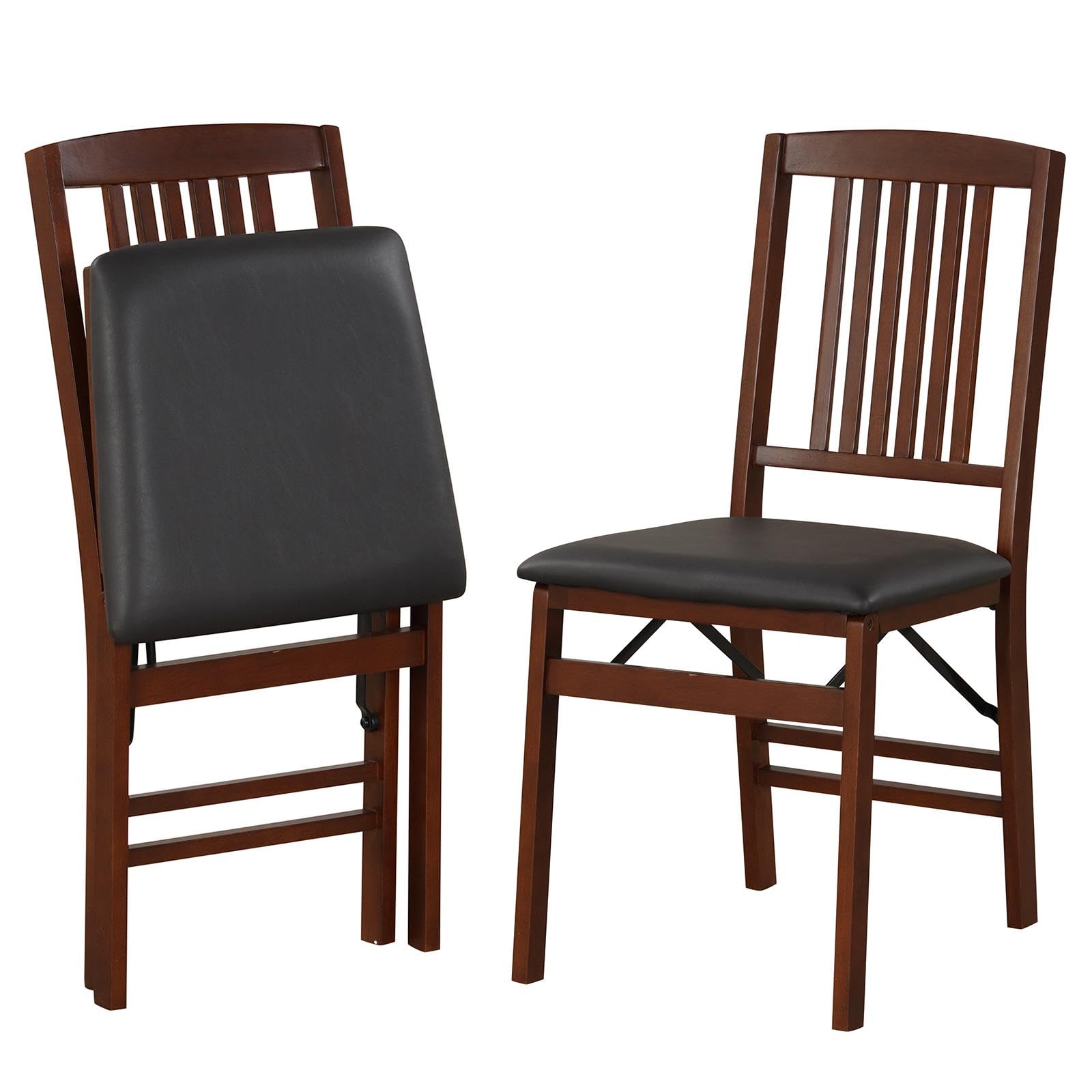 TANGZON Folding Chairs Set of 2, Upholstered Dining Chairs with Rubber Wood Legs & Backrest, Easy Storage Padded Guest Conference Seats for Home Kitchen Office Event (PVC Leather Seat, Black+Brown)