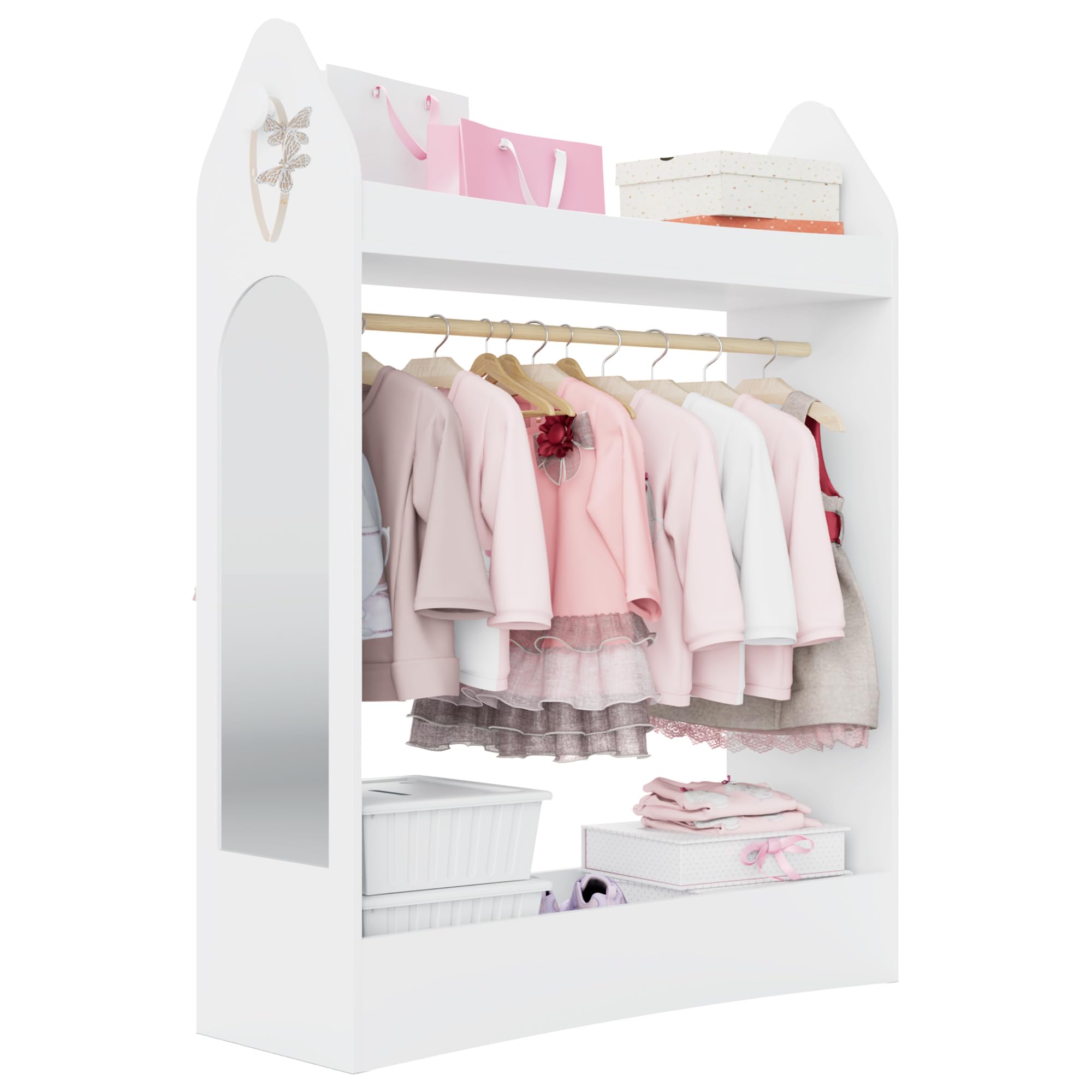 Hironpal Kid Dress Up Storage with Mirror Kids Wardrobe Dressing Up Rail Open Hanging Costume Armoire Closet Pretend Storage Organizer Children Clothes Center for Girl Bedroom (rocket,no drawer,white)
