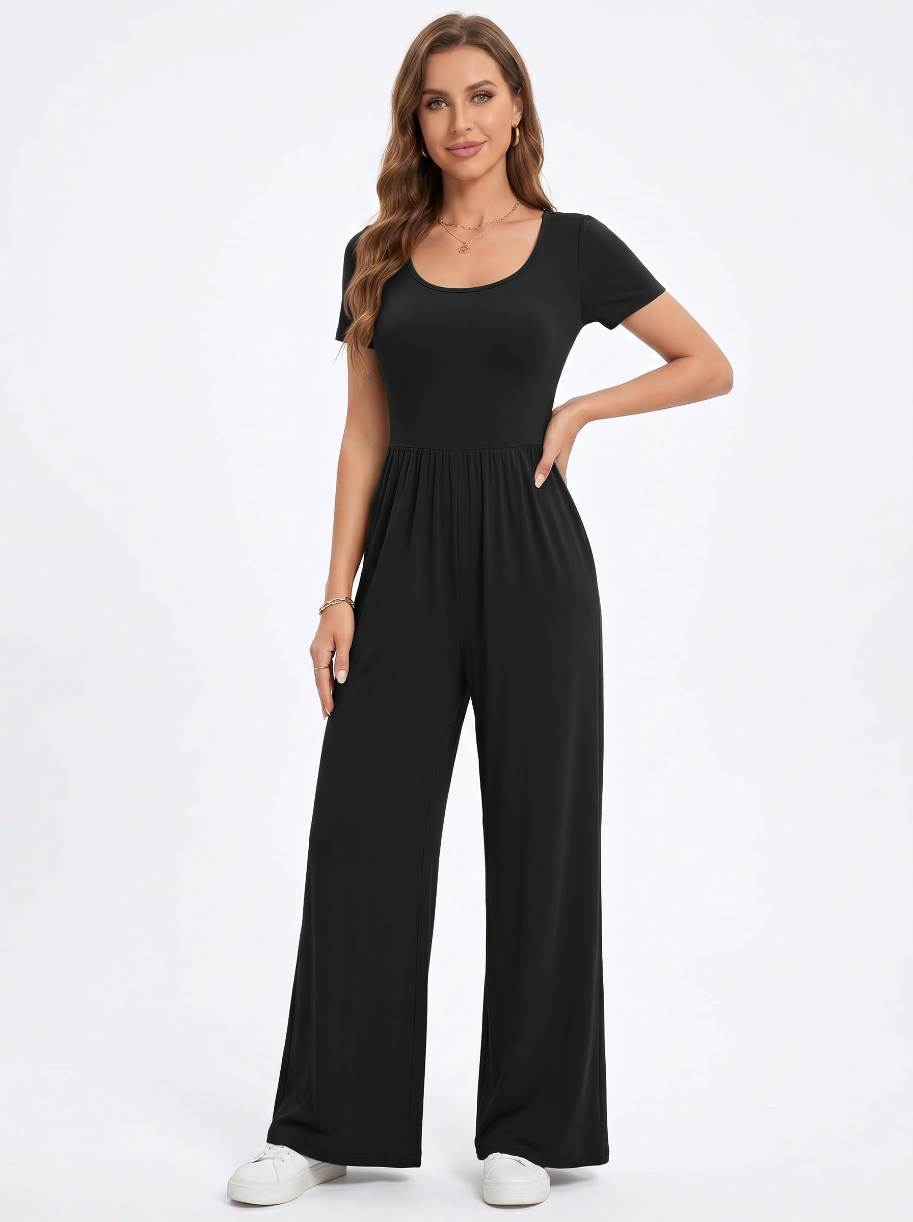Tuta Intera Donna a Maniche Corte Scollo a U Estiva Casual Jumpsuit a Gamba Larga Palazzo a Vita Alta con Tasche Elegante Slim Fit Monopezzi e Tutine Basic Lungo Overall Elasticizzata Tute