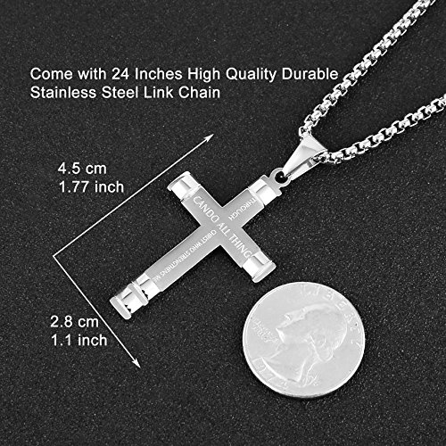 Image of HZMAN Philippians 4:13 Cross Pendant STRENGTH Bible Verse Stainless Steel Necklace 3 Colors Available