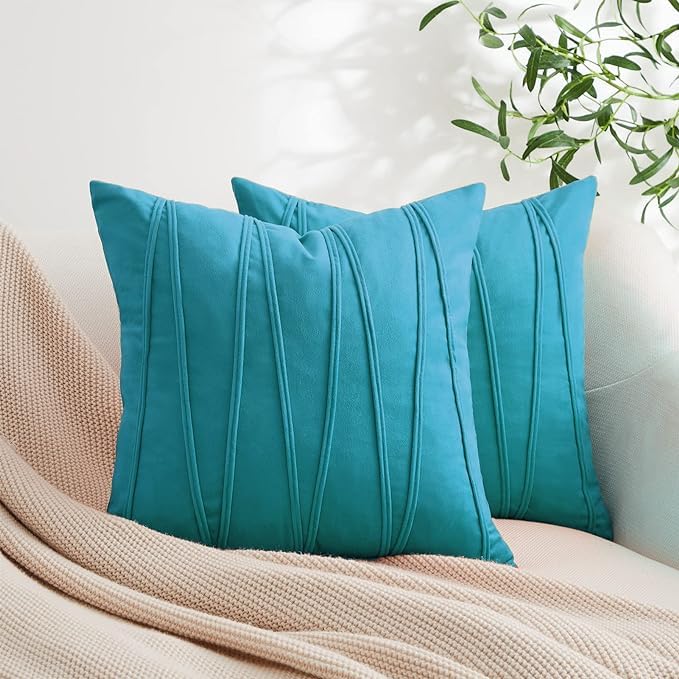 Image of Amazon Brand - Umi Decorative Striped Throw Pillow Covers 24 X 24 Inch,Soft Solid Velvet Pillow Covers Cushion Case with Zigzag Pattern for Sofa Bedroom 60 X 60 Cm (Pack of 2) Teal