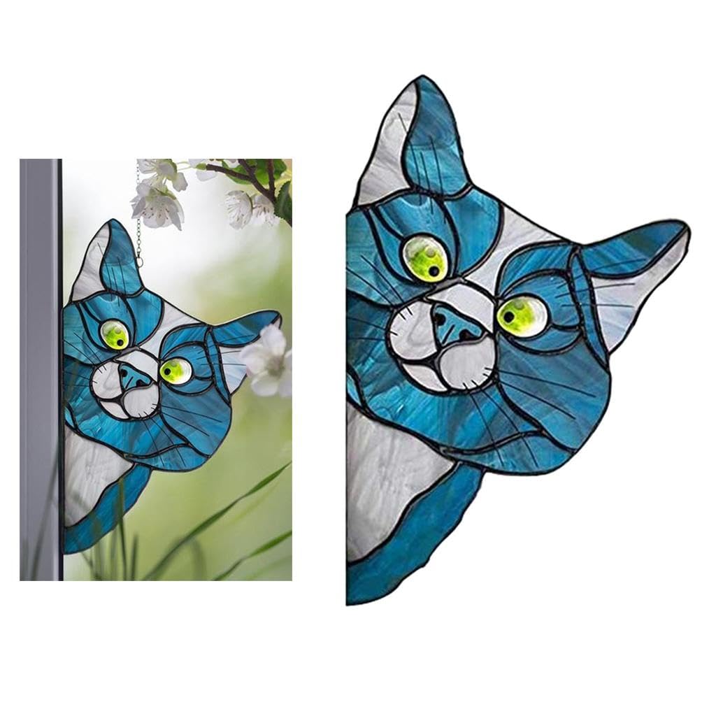 Peeking Cat Stained Glass Suncatcher Lover Gift Stained Glass Window Hanging Blue-image-29