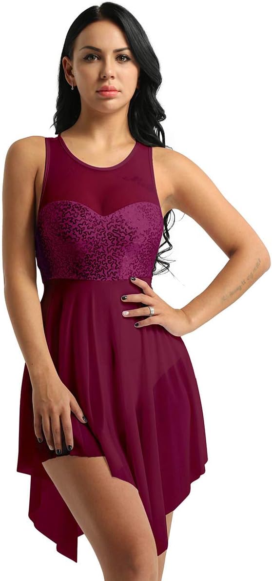 Women Sleeveless Lyrical Dance Costume Dress Illusion Sweetheart Sequins Trianglar Cut Skirt Leotard Ballet Bodysuit