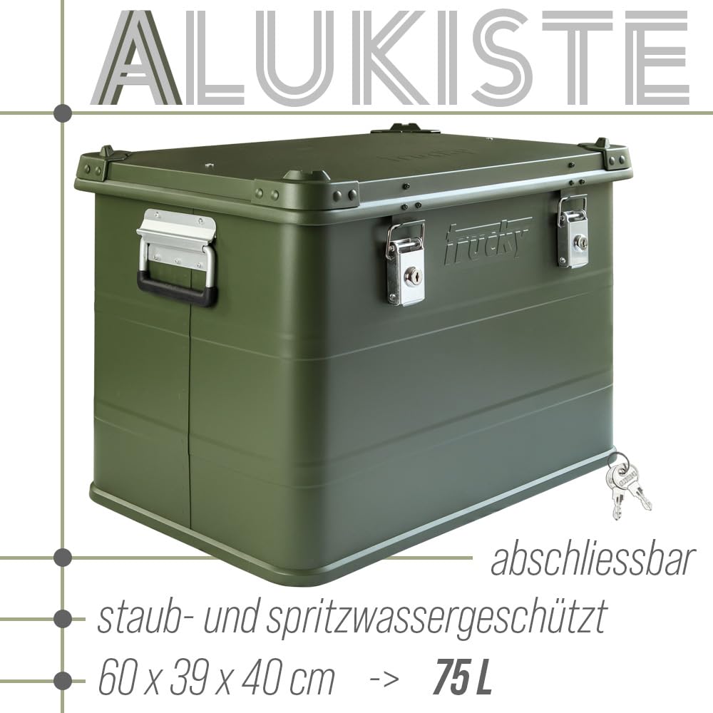Trucky Aluminiowe pudełko z pokrywką, kolor zielony, skrzynka aluminiowa, 75 l, metalowe pudełko do przechowywania, zamykane