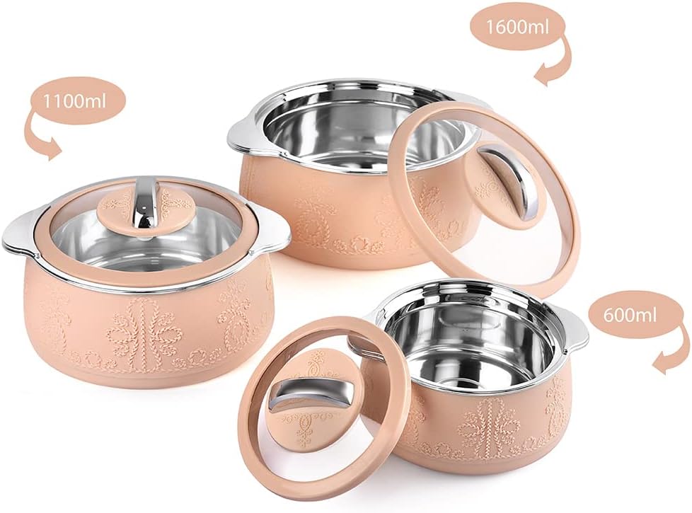 CELLO Royale Combo of 3 Casseroles with Insulated Stainless Steel and Glass Lid, Capacity - 600+1100+1600ml, Beige
