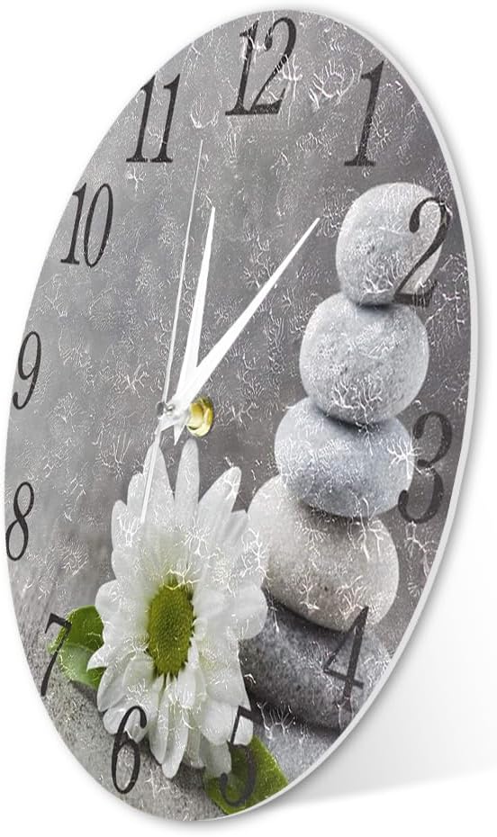 15'' Zen Stone and Flower Bamboo Wall Clock, Silent Quartz Non Ticking Battery Operated Yoga Room Wall Clock Modern Decorative Wall Watch Clock for Physical Therapy Room Bedroom Living Room