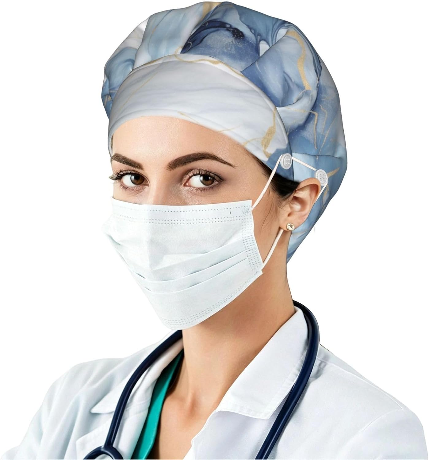 White Blue Marble Bouffant Cap with Buttons, Sweatband Cap