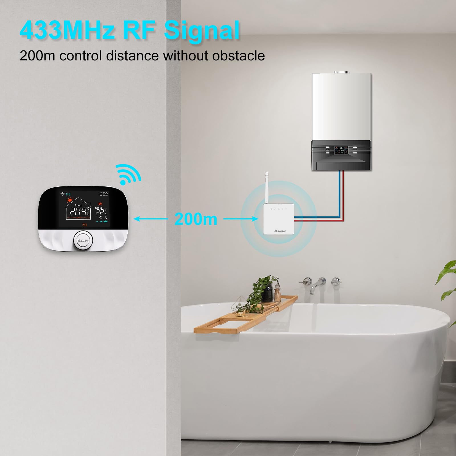 SALCAR Termostato WiFi Inteligente para Caldera de Gas, termostato de Ambiente T9W RF Termostato de radiador con Receptor Tuya Programable Termostato de Pared Compatible con Amazon Alexa y Google