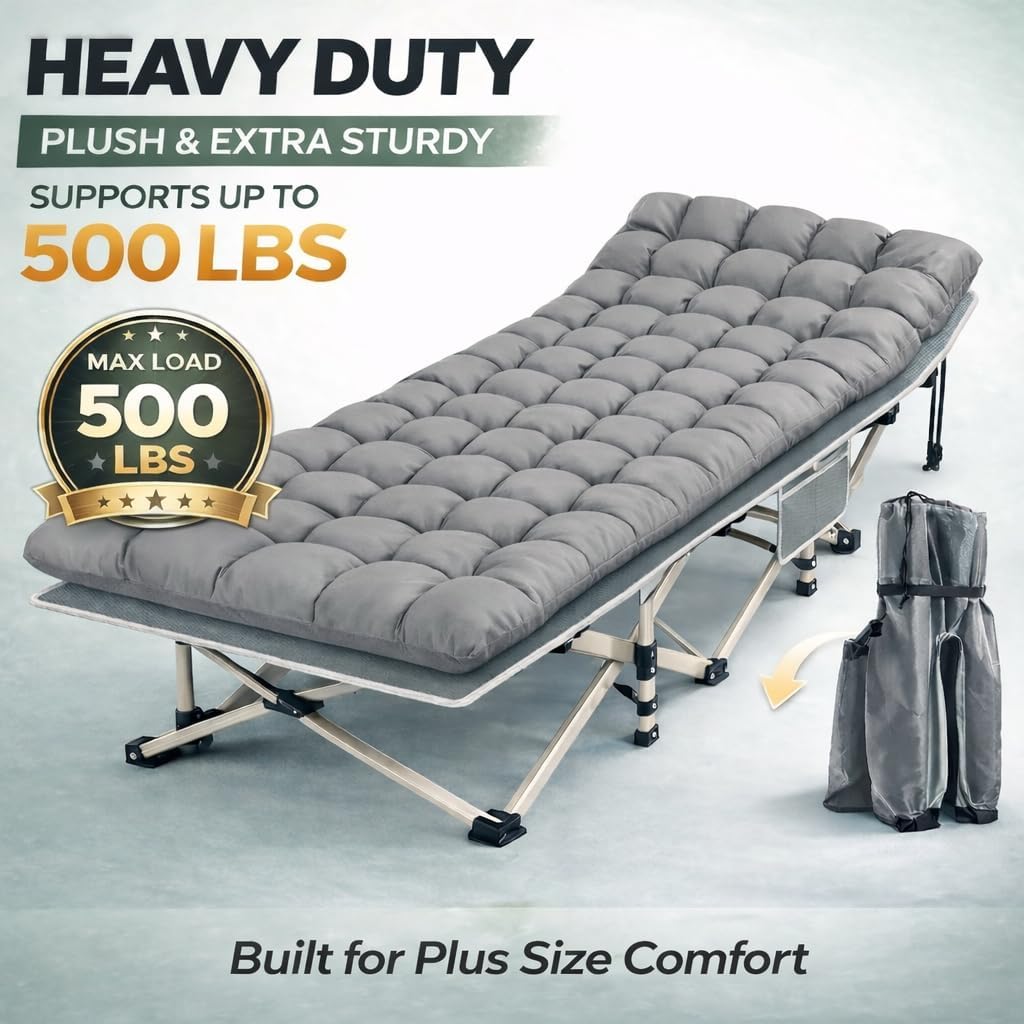 Folding Camping Cot for Adults, Heavy Duty Portable Sleeping Cot with Mattress and Carry Bag, 1200D Double Layer Oxford Fabric