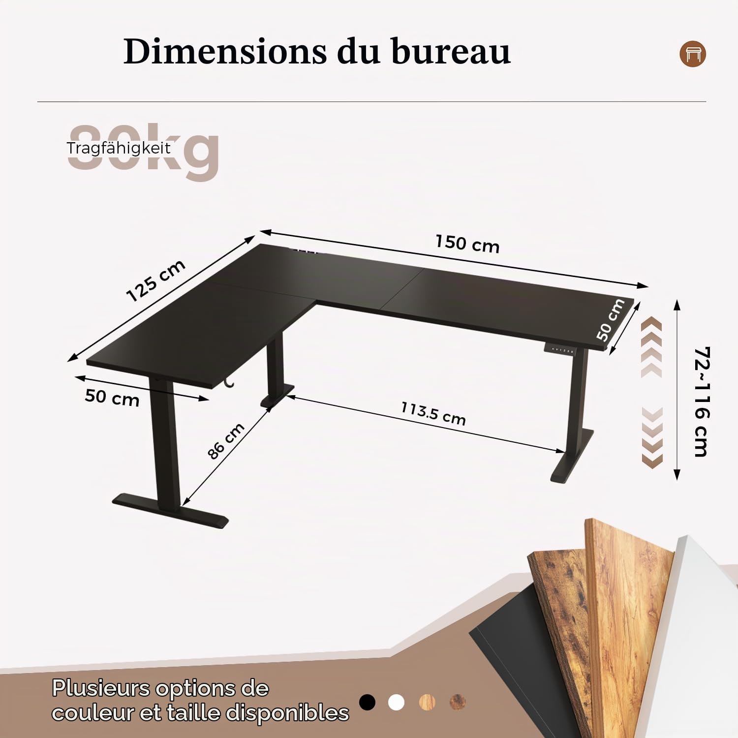 Klicelor Bureau d'angle en L réglable en Hauteur électrique 150x125 cm