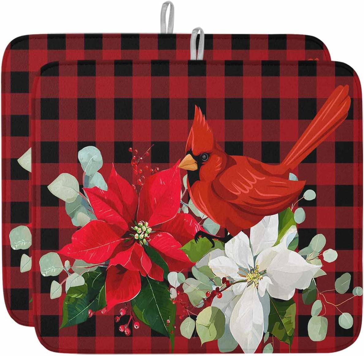 Christmas Bird Dish Drying Mat for Kitchen Counter, Poinsettia Black Red Plaid Absorbent Reversible Dish Drainer Rack Mats for Coffee Bar Mats 18''x24'' 2 PCS
