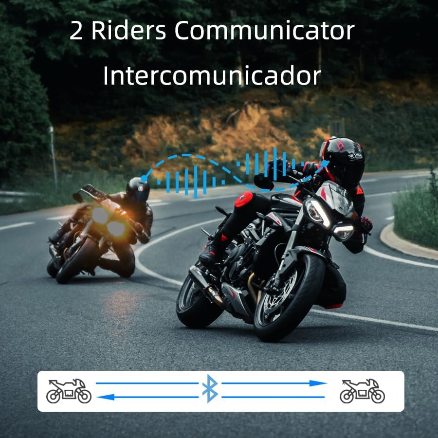 Two motorcyclists communicating via intercom while riding.