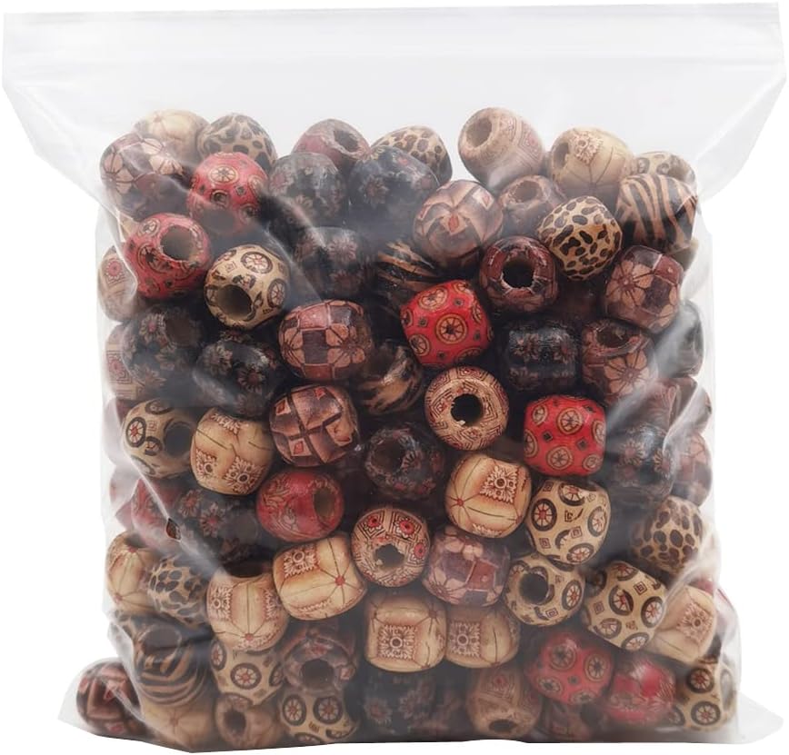 100PCS Natural Wood Beads For Hair Braiding & Jewelry Making - Painted Patterns, 10mm-17mm Mixed Sizes, Boho Craft Beads