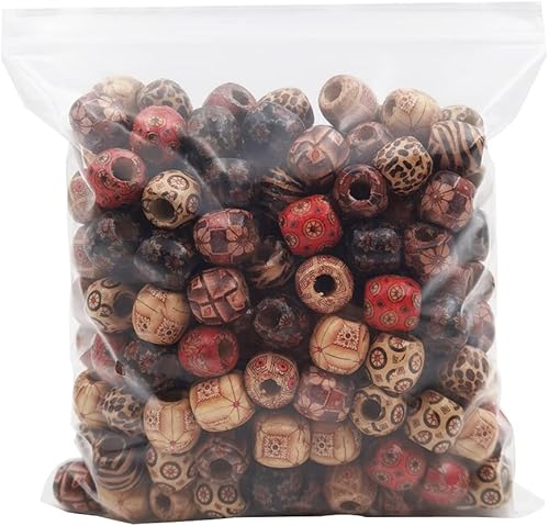 INSPIRELLE 200 cuentas de madera pintadas grandes en forma de barril para el cabello, cuentas africanas surtidas, suministros de macramé, cuentas