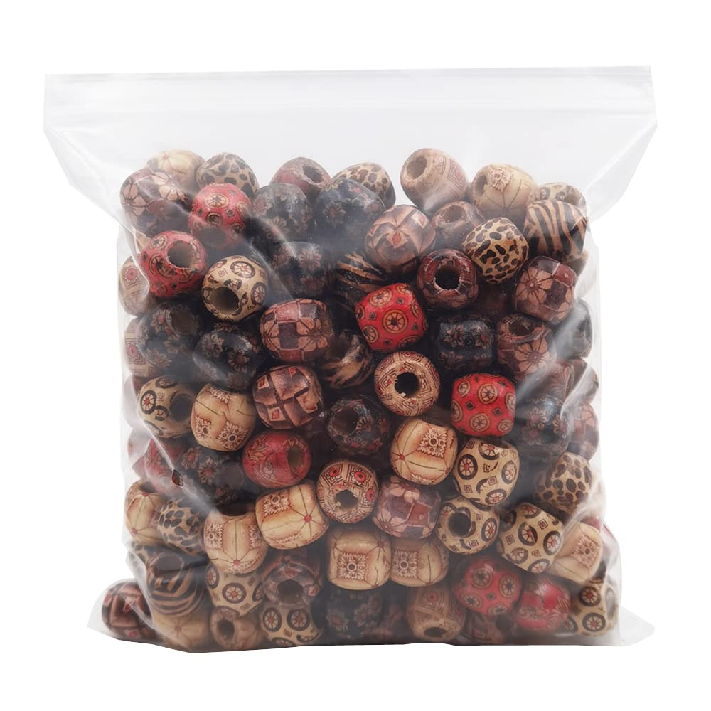 INSPIRELLE 200pcs Large Painted Wooden Beads Barrel Shaped Hair Beads Assorted African Beads Macrame Supplies Beads for Jewelry Making and Crafts